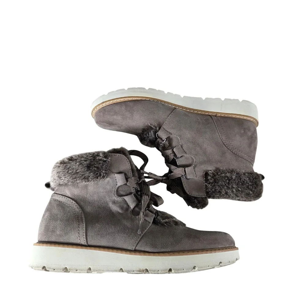 a.n.a Andes Faux Fur Trim Lace Up Winter Boots Taupe 8M Cozy Casual Cabincore